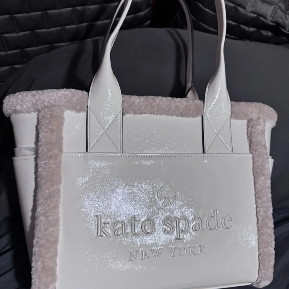 Kate Spade Large Cream Embroidered patent leather tote fur - NWT retails: $429